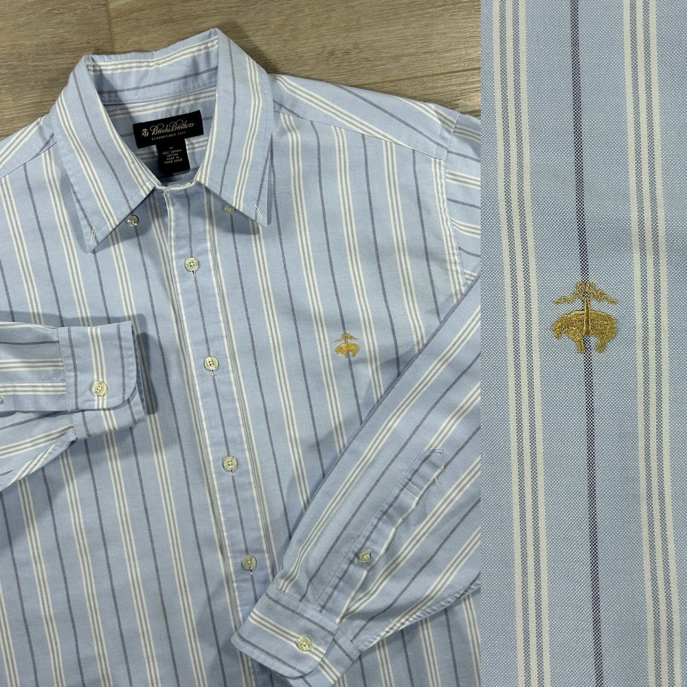 Brooks Brothers Medium Supima Cotton Light Blue Striped Button Down Logo Classic